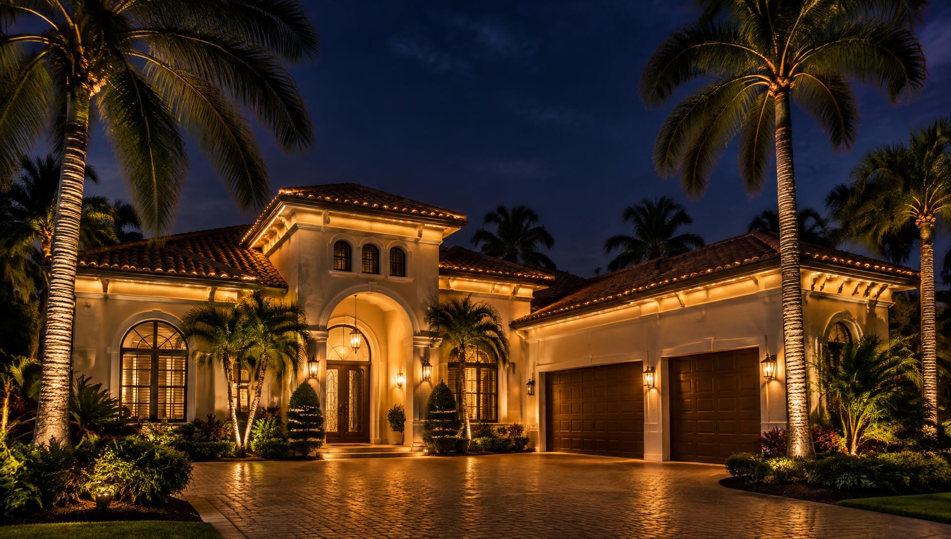 South Florida home with permanent roofline LED lighting at night